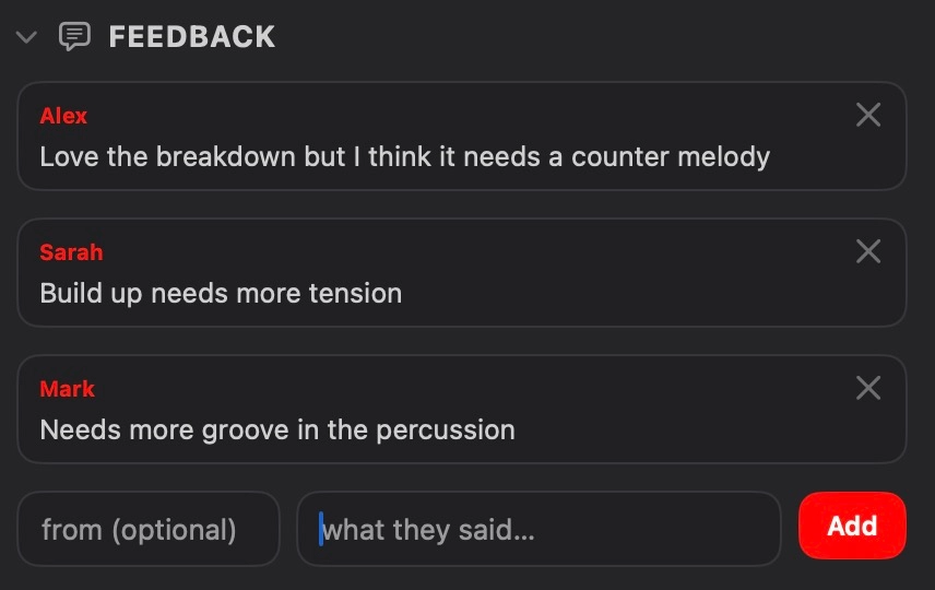Feedback logged against a track