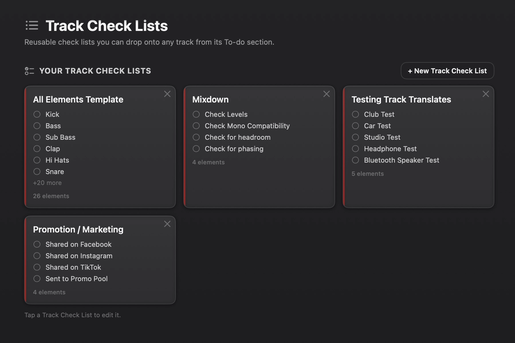 Reusable track check lists